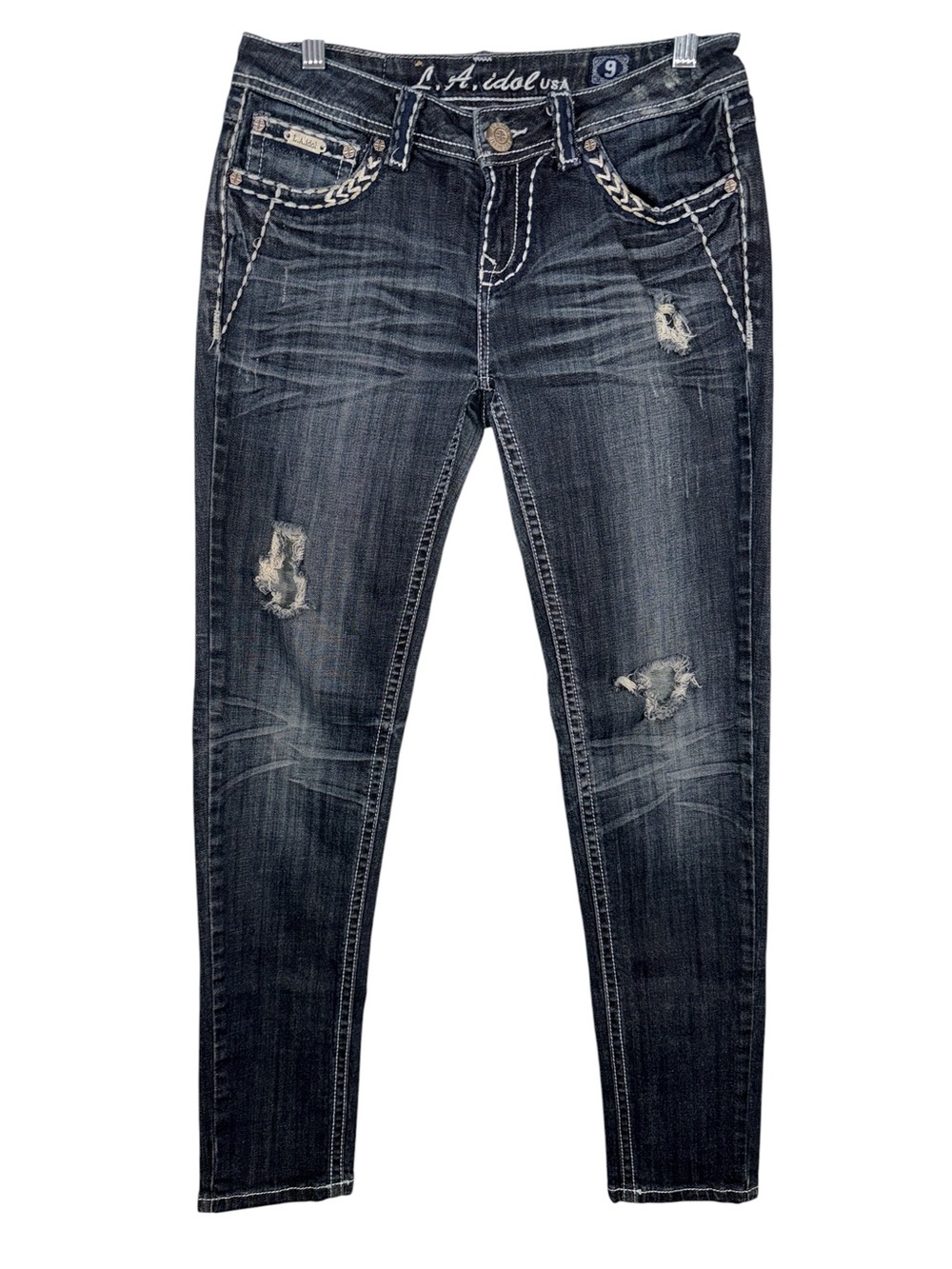 L.A. idol Dark Wash Distressed Straight Leg Jeans